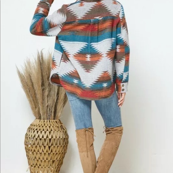 Aztec Tribal Jacket Oversized Heavy Flannel Shacket - Picture 3 of 12